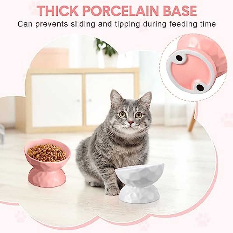 Bokon 2 Pcs 넓은 높이 고양이 그릇 6.8 온스 세라믹 제기 고양이 먹이 그릇 친화적 인 기울어 진 고양이 물 그릇 미끄럼 방지 구토 고양이 먹이 그릇 실내 새끼 고양이 키티 작은 애완 동물 공급기, 흰색 및 분홍색