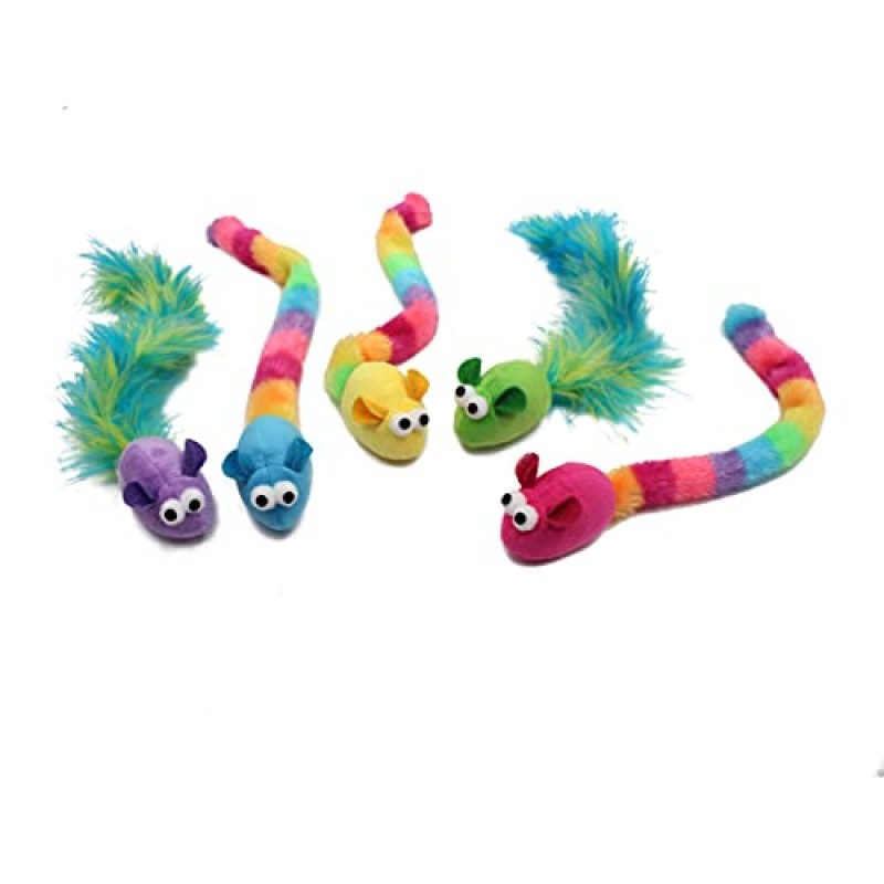 Jumpaws 5팩 대화형 캣닙과 깃털 고양이 장난감, 긴 깃털 꼬리가 달린 다양한 색상의 쥐, 실내 고양이용 액세서리, 천연 깃털과 딸랑이가 있는 캣닙 플러시 장난감