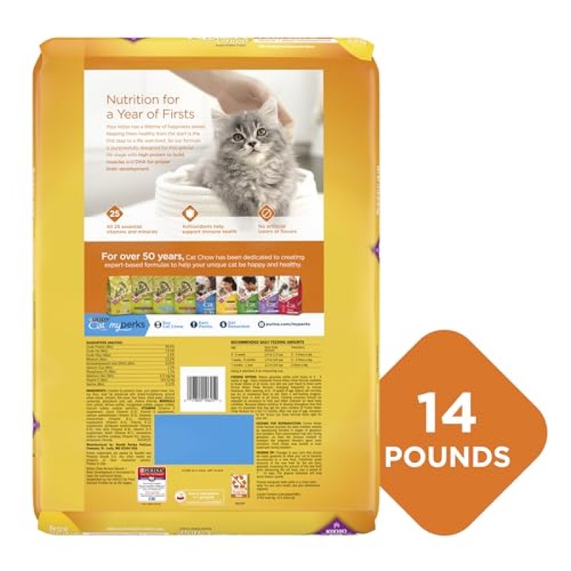 Purina Kitten Chow Dry 새끼 고양이 사료, 근육 육성 + 두뇌 발달 - 14파운드 가방