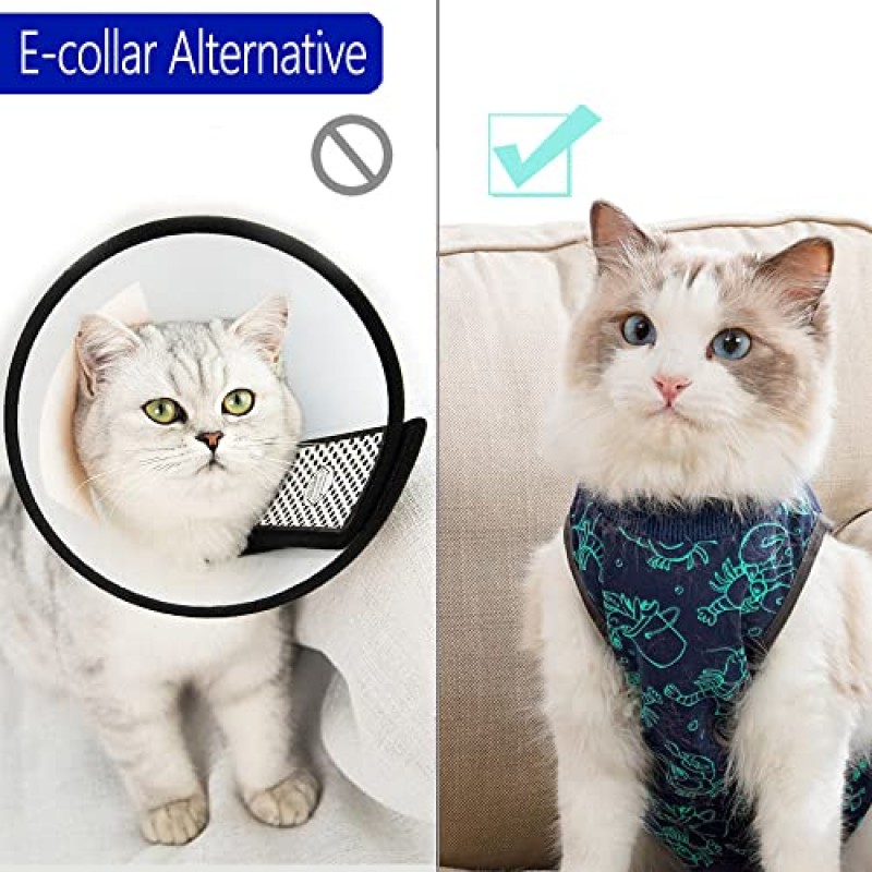 kzrfojy 고양이 수술 후 회복복/수술 복부 상처 또는 피부 질환용 올인원 E-Collar Alternative Wear 고양이 중성화 바디수트 착용(진한 파란색-M)