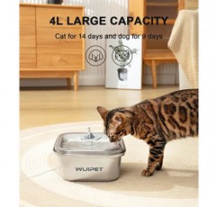 WUIPET 4.0L/135oz 고양이 분수: 자동 개 물 디스펜서 스테인레스 스틸, 개 식수대, 매우 조용한 펌프 및 고양이, 개, 여러 애완동물을 위한 교체 필터 2개