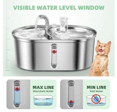 고양이 물 분수 스테인레스 스틸, 3L/102oz 고양이 내부 자동 애완 동물 물 분수, 눈에 보이는 수위가 있는 2-in-1 고양이 물 분수 및 음식 그릇, 고양이 작은 개를 위한 애완 동물 마시는 디스펜서