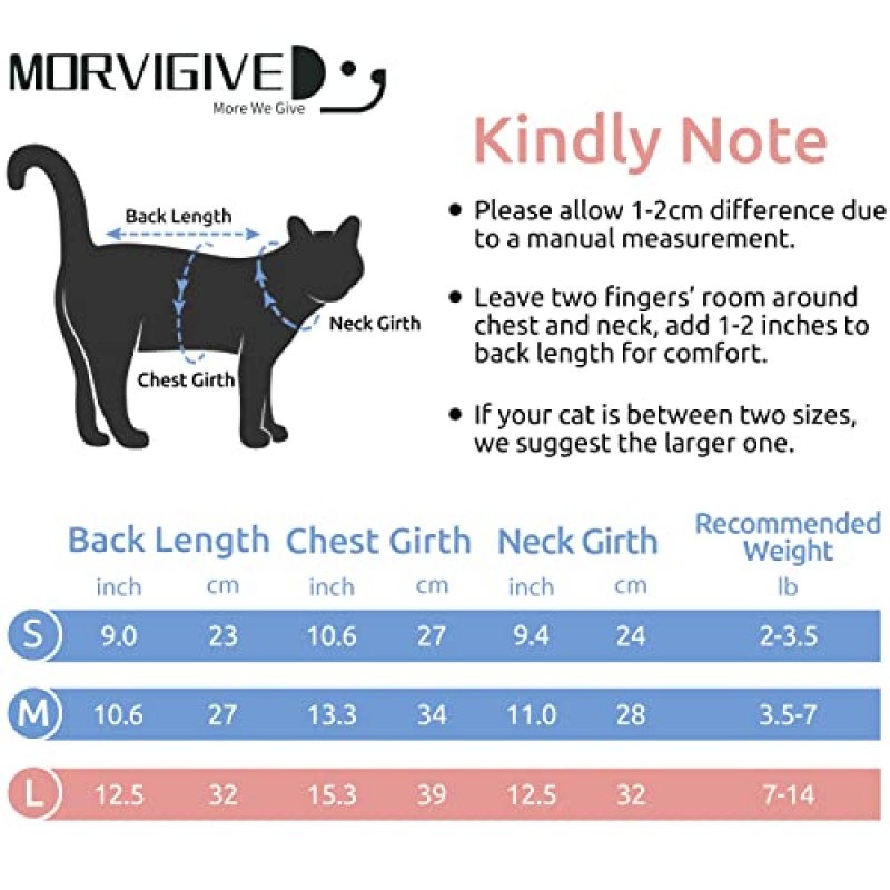 MORVIGIVE 고양이 수술 후 회복복, 고양이 중성화를 위한 줄무늬 고양이 Onesie, 전문 새끼 고양이 수술용 바디수트, 복부 상처 및 피부 질환을 위한 E-칼라 콘 대안