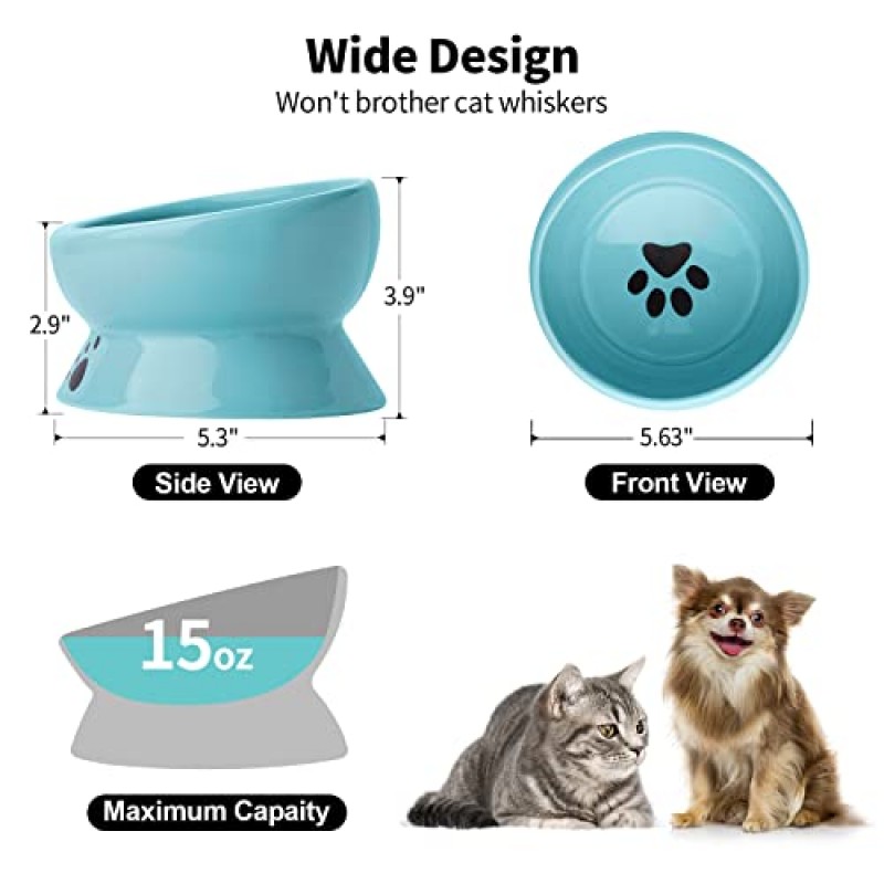 Nucookery 높은 고양이 먹이 그릇, 세라믹 제기 기울어 진 물 그릇 애완 동물의 척추 보호 구토 방지, 안쪽 곡선 유출 없음, 작은 개 새끼 고양이 용품 (레이크 블루)