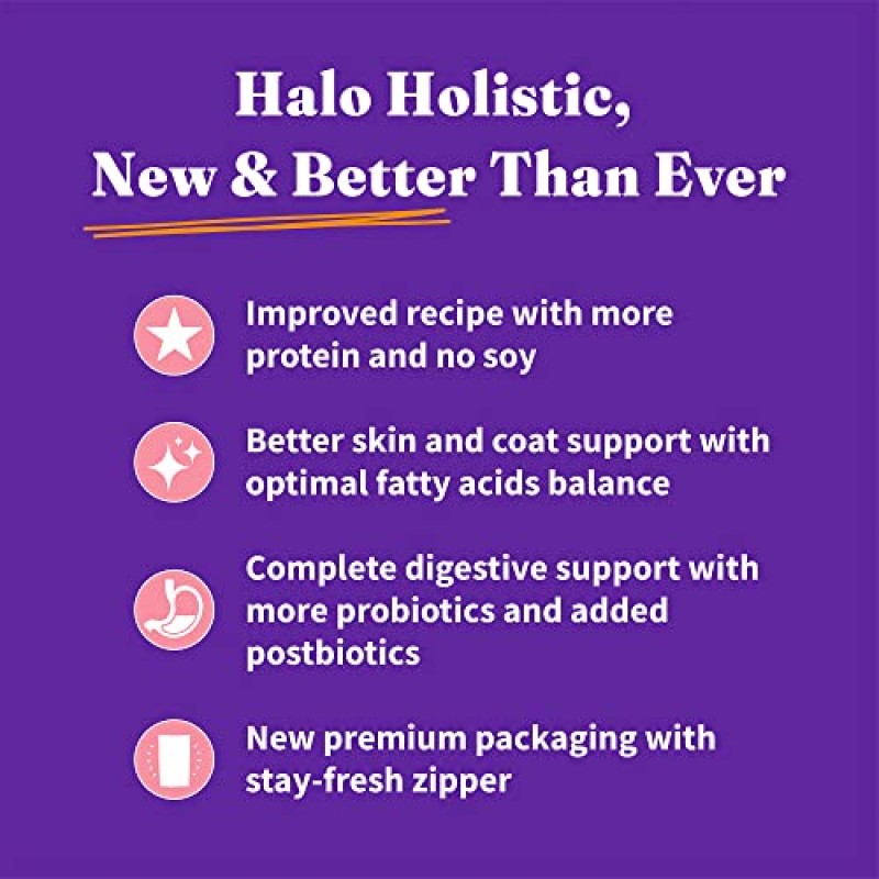 Halo Holistic 새끼 고양이 건조 식품, 곡물 없는 자연산 연어 및 흰살 생선 레시피, 완전한 소화 건강, 건조 고양이 사료 가방, 새끼 고양이 포뮬러, 3파운드 가방