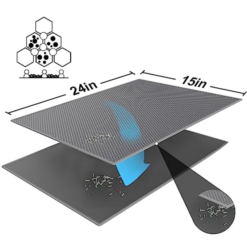 Pieviev 고양이 쓰레기 매트 업그레이드된 3면 개구부 디자인을 갖춘 이중 레이어 방수 소변 방지 트랩 매트(회색(24x15인치))