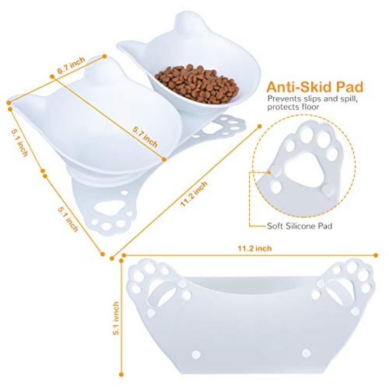 Pantula 구토 방지 고양이 그릇 - 높게 기울어진 15° 고양이 먹이 그릇, 미끄럼 방지 고무 베이스 스탠드가 있는 플라스틱 고양이 접시 고양이용 키티 그릇(흰색)
