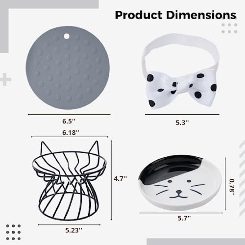 미끄럼 방지 매트가 있는 Dorakitten 2Pcs 높은 고양이 그릇, 고양이의 척추를 보호하고, 귀여운 고양이 귀 스탠드가 있는 구토 방지 고양이 먹이 접시, 수염 피로를 방지하기 위한 얕은 & 넓은 세라믹 고양이 접시