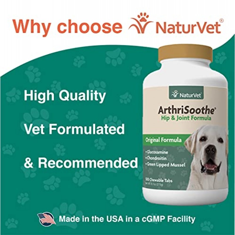 NaturVet ArthriSoothe 개와 고양이를 위한 엉덩이 및 관절 포뮬러 애완동물 보조제 - 글루코사민, MSM, 콘드로이틴, 보스웰리아, 녹색 입 홍합 포함 - 엉덩이, 관절 지원 - 500Ct.