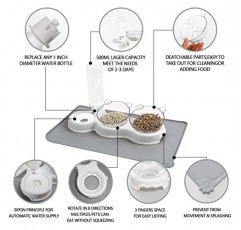 방수 매트가 있는 IFOUG 삼중 고양이 그릇, 플라스틱 15° 기울어진 고양이 사료 접시, 자동 물병, 애완동물 사료 및 물 그릇, 고양이 및 소형견용 습식 및 건식 사료 그릇 세트