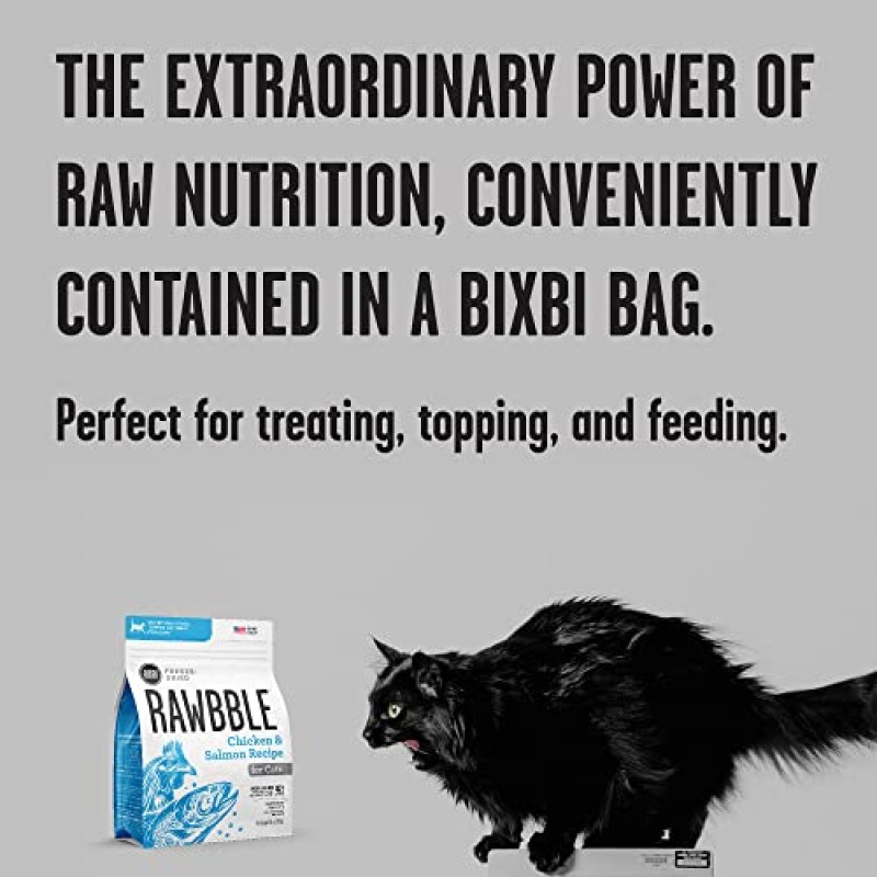 BIXBI Rawbble 동결 건조 고양이 사료, 닭고기 및 연어 레시피, 10온스 - 고기 및 내장 95%, 충전재 없음 - 식사, 간식 또는 식품 토퍼용 식품 저장실 친화적인 생식 고양이 사료 - 미국 소량 생산