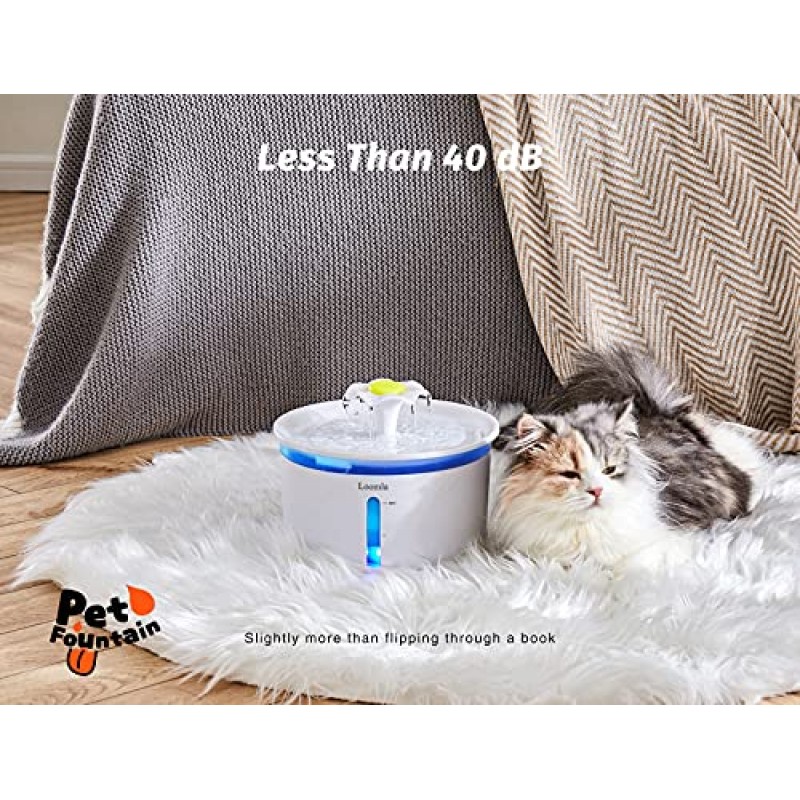 Loomla 고양이 분수, 85oz/2.5L 애완동물 분수 실내, 전환 가능한 LED 조명이 포함된 자동 개 물 디스펜서, 고양이, 개, 애완동물용 교체 필터 2개(흰색)