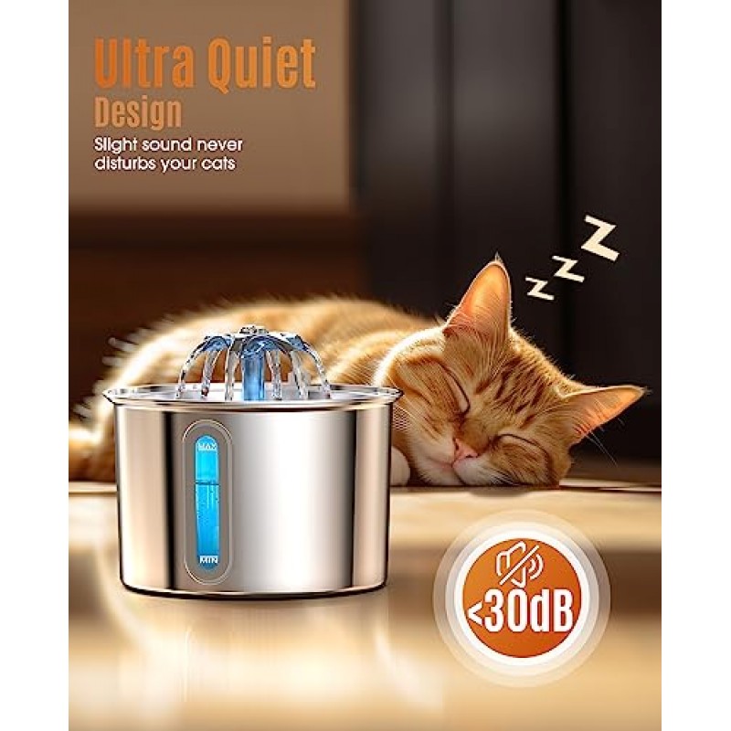 oneisall 고양이 분수 316 스테인레스 스틸, 2L/67oz 고양이 내부 자동 분수, 교체 필터 3개 및 LED/애완동물 용품이 포함된 시각적 수위 창