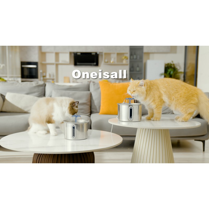 oneisall 고양이 분수 316 스테인레스 스틸, 2L/67oz 고양이 내부 자동 분수, 교체 필터 3개 및 LED/애완동물 용품이 포함된 시각적 수위 창