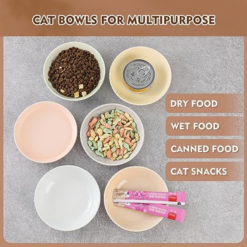 세라믹 고양이 먹이 그릇 세트 - 미끄럼 방지 매트가 있는 다채로운 고양이 먹이 그릇 - 수염 친화적인 넓고 얕은 고양이 그릇 - 고양이 접시 - 귀여운 고양이 접시 - 전자레인지 식기세척기 사용 가능 - 6 팩 - 8.5 온스 - 5.75 인치