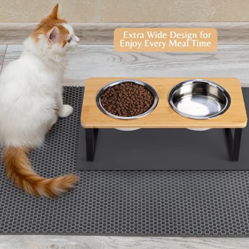 음식과 물을 위한 높은 고양이 그릇 - Loplurea 15° 기울어진 스테인레스 스틸 고양이 먹이 그릇, 대나무 스탠드와 구토 방지 먹이통, 실내 고양이와 애완동물용