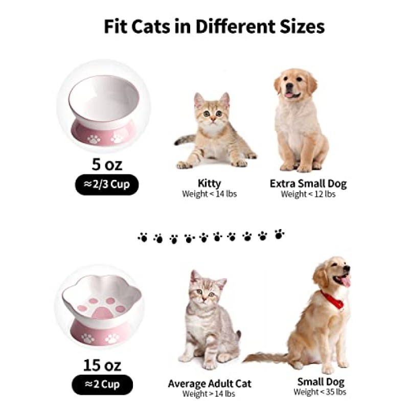 LoeJan 높은 고양이 먹이 그릇, 15 온스 세라믹 제기 및 기울어 진 애완 동물 물 그릇, 구토 방지 및 애완 동물의 척추 보호 작은 개, 뚱뚱한 얼굴 고양이, 새끼 고양이를위한 고양이 요리
