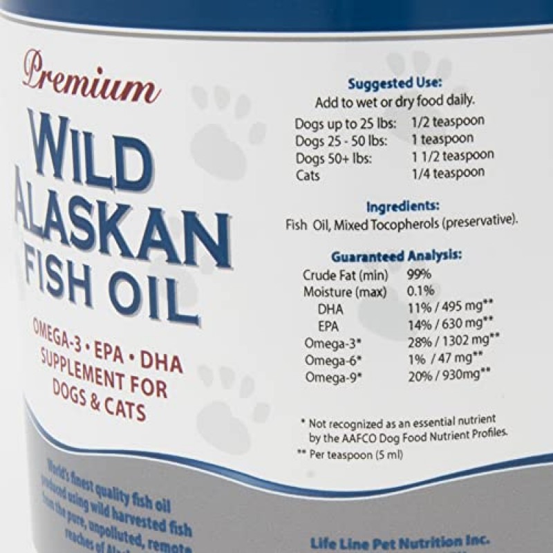 Life Line Pet Nutrition 피부와 털을 위한 야생 알래스카 피쉬 오일 오메가-3 보충제 – 개와 고양이의 뇌, 눈, 심장 건강 지원, 8.5온스