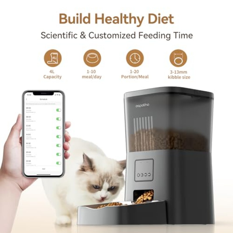 Espelho 자동 고양이 급식기 원격 급식을 위한 앱 제어 기능이 있는 고양이 및 개용 WiFi 애완동물 사료 디스펜서, 건조 식품용 건조제 가방, 하루 최대 10끼 식사, 10초 음성 녹음기