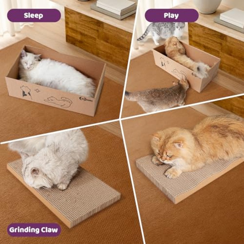 5 in 1 Cat Scratcher 판지, XL-대형 고양이 스크래치 패드, 중대형 고양이 실내 사용을위한 상자가있는 고양이 긁는 보드 가구 벽 및 소파 보호