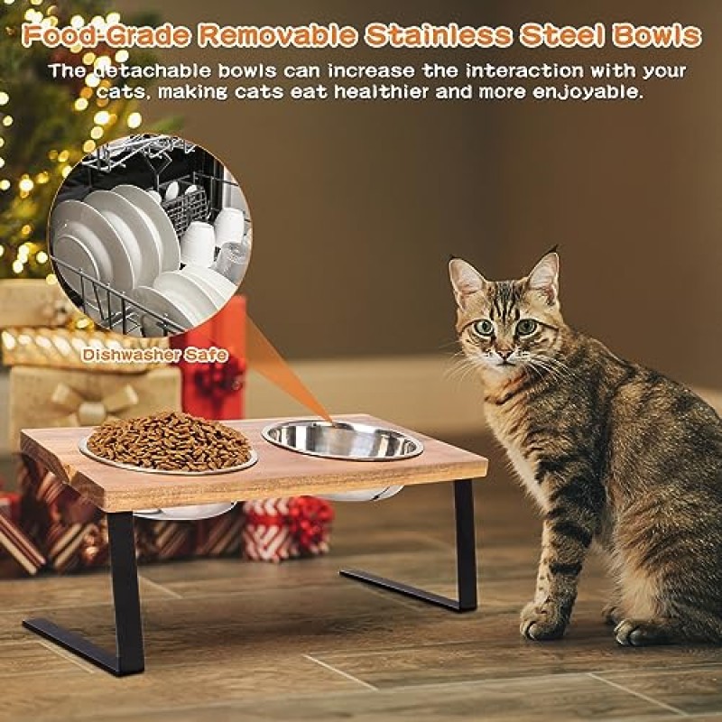 Vermida 음식과 물을 위한 높은 고양이 그릇, 15° 기울어진 스테인레스 스틸 높은 고양이 먹이 그릇 대나무 스탠드가 있는 높은 애완 동물 그릇 실내 고양이와 강아지를 위한 구토 방지 급식 스테이션