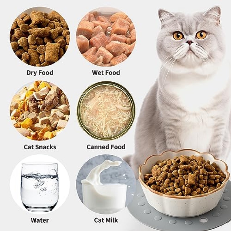 SIDUCAL 고양이 그릇 - 3개 고양이 먹이 그릇 실리콘 미끄럼 방지 매트가 있는 고양이 접시, 실내 고양이용 5인치 고양이 그릇, 애완 동물 애호가를 위한 세라믹 고양이 먹이 및 물 그릇 세트 - 흰색