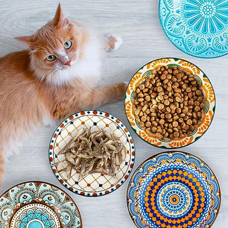 음식과 물을 위한 Boho 세라믹 고양이 그릇 6팩 5.5인치 폭 얕은 고양이 먹이 그릇 수염 친화적인 고양이 먹이 그릇 실내 고양이를 위한 귀여운 새끼 고양이 습식 먹이 그릇 - 전자레인지 및 식기 세척기 사용 가능