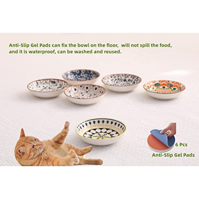 고양이 먹이 그릇 수염 피로 고양이 그릇 5.5 인치 세라믹 고양이 그릇 실내 고양이를 위한 작은 고양이 접시 6개 세트 젖은 음식과 물을 위한 얕은 고양이 접시 귀여운 새끼 고양이 그릇 수염 친화적인