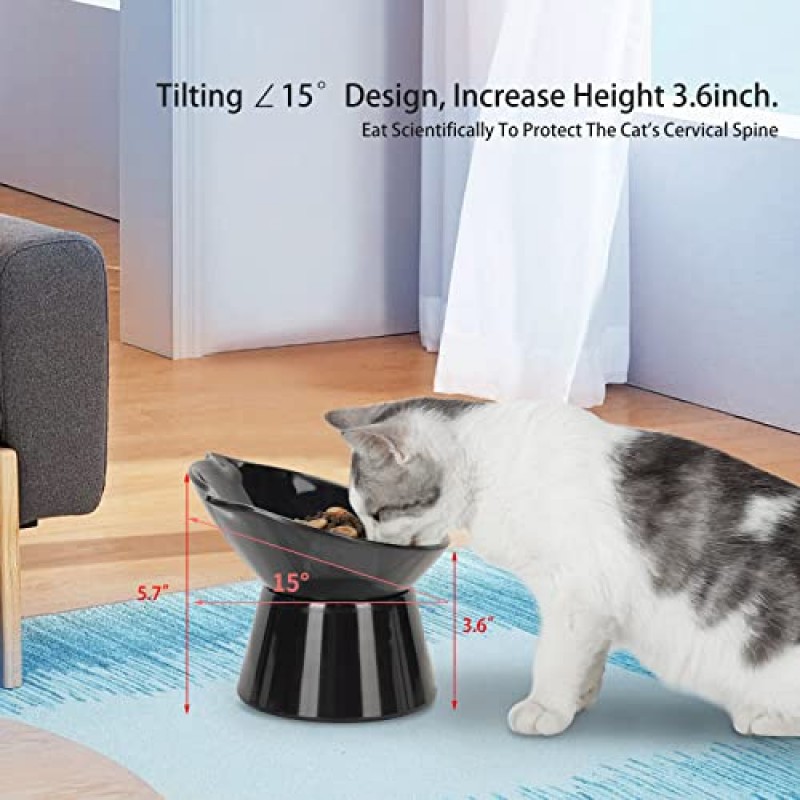 분리 가능한 높은 고양이 그릇, 15° 기울어진 고양이 먹이 그릇 구토 방지, 수염 친화적, 척추 보호를 위한 조절 가능한 고양이 접시, 성인 새끼 고양이