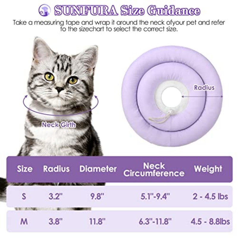 SUNFURA 고양이 콘 칼라 부드럽고 조절 가능한 고양이 회복 E 칼라 수술 후, 보호 복구 콘 고양이용 엘리자베스 칼라 새끼 고양이 핥는 상처 방지, 보라색 M