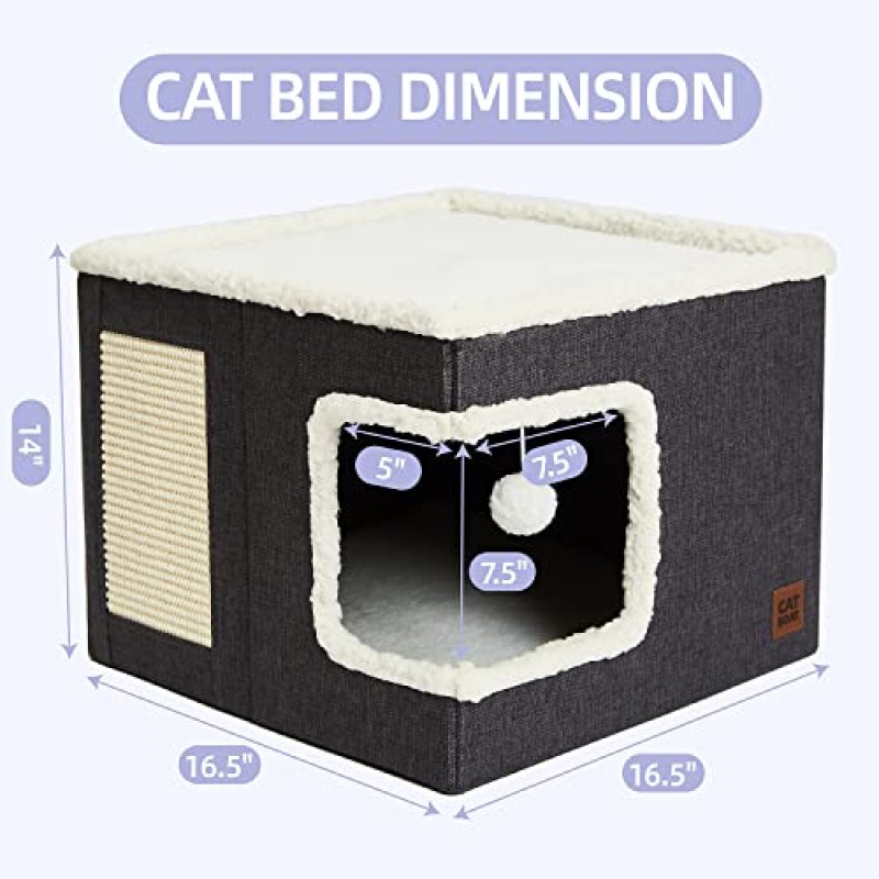실내 고양이를 위한 CATBOAT 고양이 침대 큐브 하우스, 덮개가 있는 고양이 동굴 침대 및 스크래치 패드와 은신처 텐트가 있는 가구, 여러 소형 애완동물을 위한 귀여운 현대식 고양이 콘도 대형 새끼 고양이 키티, 그레이