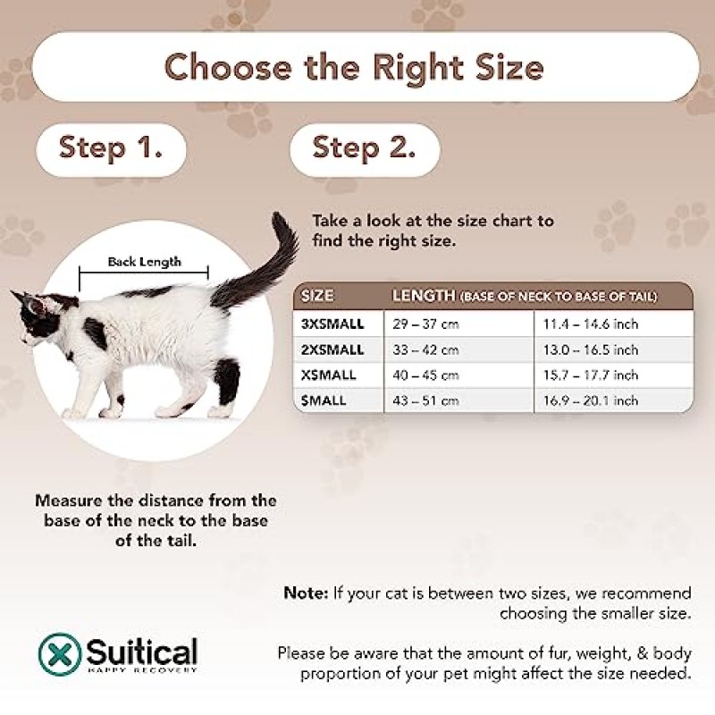 고양이 회복복 - 중성화, 봉합사, 절개 및 피부 상태를 위한 고양이 회복복 - 뒷면 개구부가 있는 통기성 직물 - XS Cat Suit by Suitical, Tiger Print