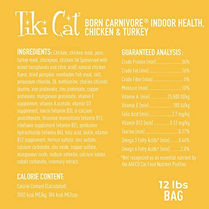 Tiki Cat Born Carnivore 실내 건강식, 닭고기 및 칠면조 식사, 영양분을 최대화하기 위한 곡물 없이 구운 사료, 건식 고양이 사료, 12 lbs. 가방