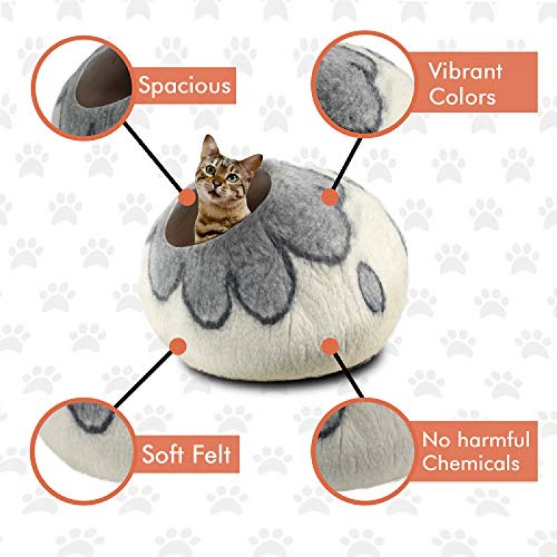 Juccini Wool Cat Cave Bed - 고양이와 새끼 고양이를 위한 친환경 펠트 고양이 동굴 - 100% 천연 양모 펠트 - 실내 고양이를 위한 프리미엄 및 개인 공간(대형, Azure Blossom)