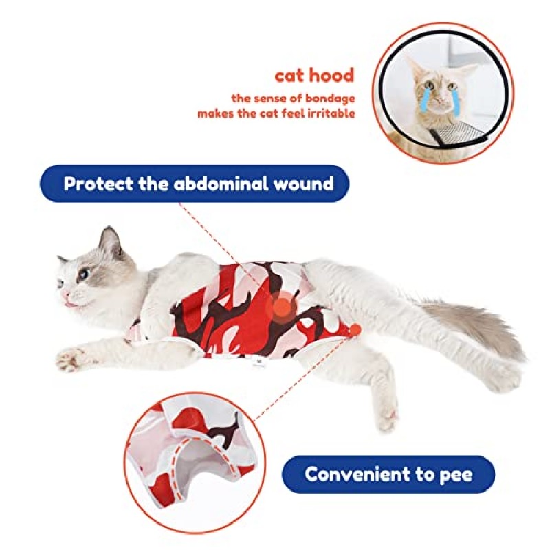 TORJOY 고양이 수술용 회복복, 복부 상처 콘 E-칼라 대체 핥기 방지 또는 피부 질환 애완동물 수술용 회복 파자마 슈트, 고양이용 부드러운 패브릭 Onesies(S, 빨간색)