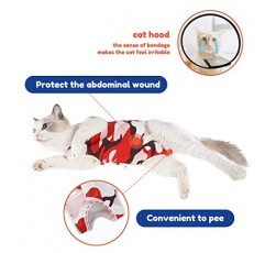 TORJOY 고양이 수술용 회복복, 복부 상처 콘 E-칼라 대체 핥기 방지 또는 피부 질환 애완동물 수술용 회복 파자마 슈트, 고양이용 부드러운 패브릭 Onesies(S, 빨간색)