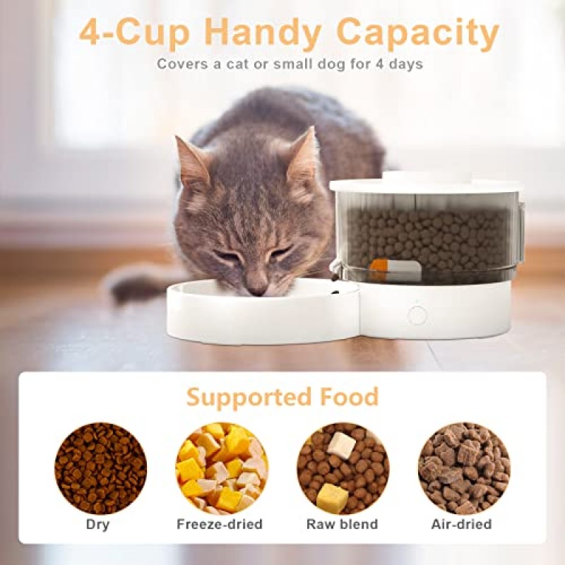 느린 분배 설계를 갖춘 COLIBEN 자동 고양이 급식기, 블루투스 앱 제어 고양이 급식기 맞춤형 급식 일정, 최대 99회 하루 10회 식사, 이중 전원 공급 장치 애완동물 사료 디스펜서, 1L