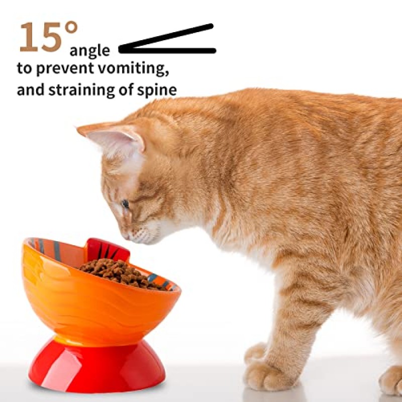 Chubacoo 제기 고양이 그릇 세트: 높은 세라믹 고양이 먹이 및 물 그릇 세트 - 실내 고양이 또는 소형견을 위한 귀여운 손으로 그린 ​​고양이 접시 - 6.5인치 기울어진 고양이 먹이 및 물 그릇(2 PCS)