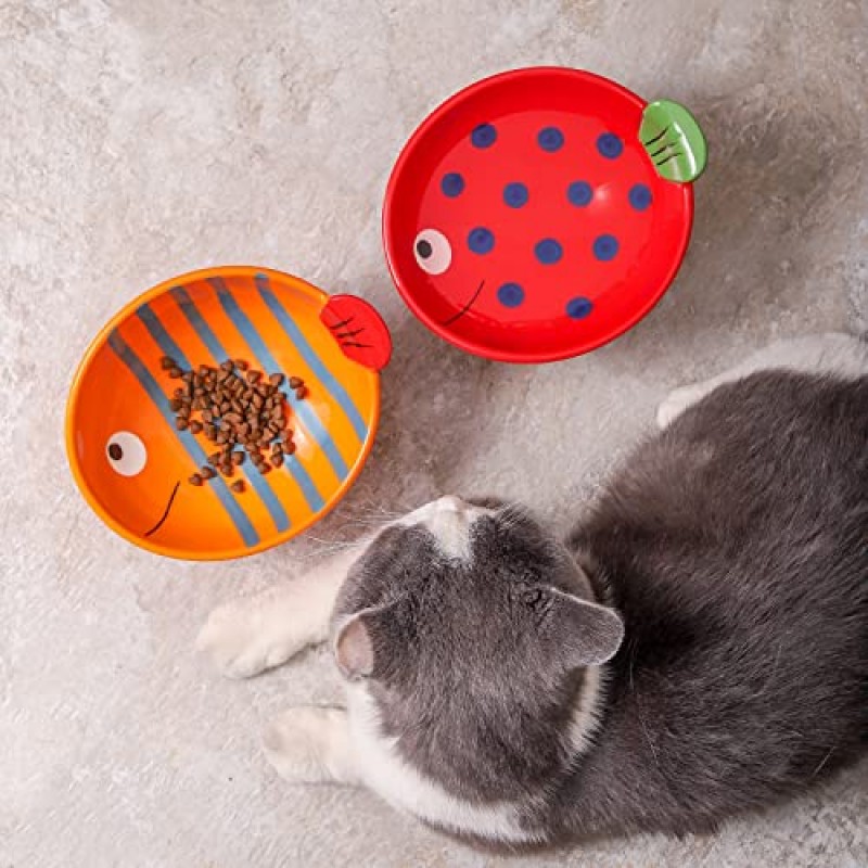 Chubacoo 제기 고양이 그릇 세트: 높은 세라믹 고양이 먹이 및 물 그릇 세트 - 실내 고양이 또는 소형견을 위한 귀여운 손으로 그린 ​​고양이 접시 - 6.5인치 기울어진 고양이 먹이 및 물 그릇(2 PCS)