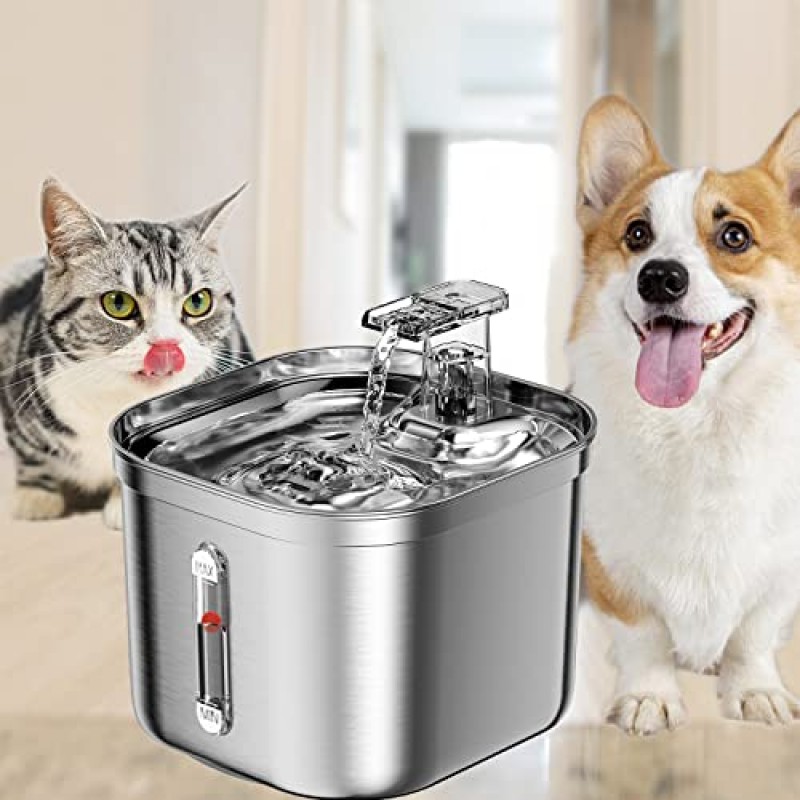 Homtyler 스테인레스 스틸 다중 애완 동물 고양이 내부 분수, 교체 필터 3개 및 초저소음 펌프, 2.2L/73oz 자동 개 디스펜서 물 그릇