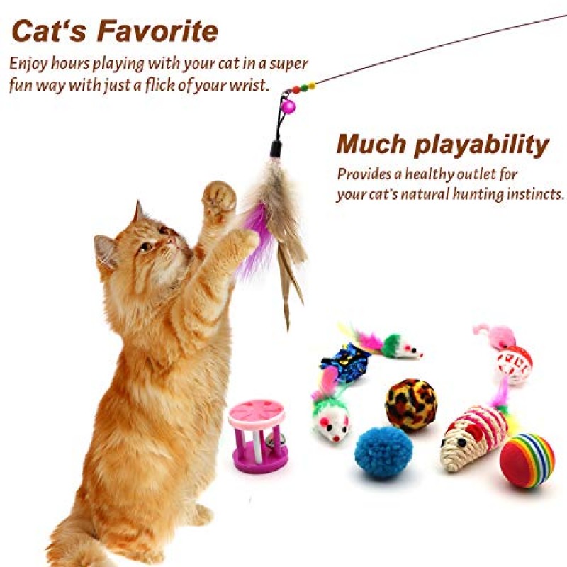 21 PC Hightingale 고양이 실내 대화 형 장난감 새끼 고양이 장난감 깃털 공 및 마우스가있는 3 홀 터널 티저 완드 골프 포함