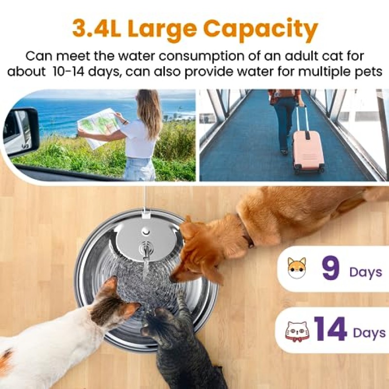 OFFBAIKU 고양이 분수 스테인레스 스틸, 3.4L/115oz 애완 동물 분수 자동 고양이 분수 물 그릇, 조용한 펌프 및 고양이 내부, 개, 여러 애완 동물을 위한 3개의 교체 필터.