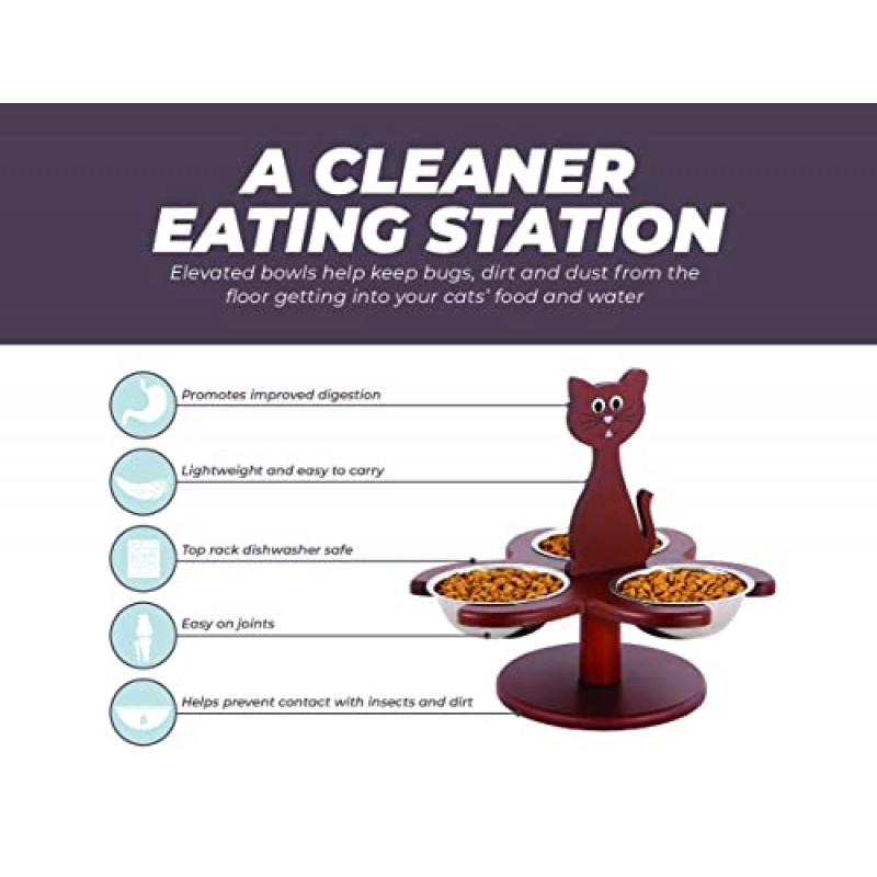 Etna Pet Store 높은 고양이 그릇 - 이 나무로 된 높은 애완동물 먹이는 더 나은 소화를 촉진하고 관절에 편합니다 - 음식과 물을 위한 3개의 탈착식 고양이 그릇이 있는 다중 고양이 먹이기 - 브라운