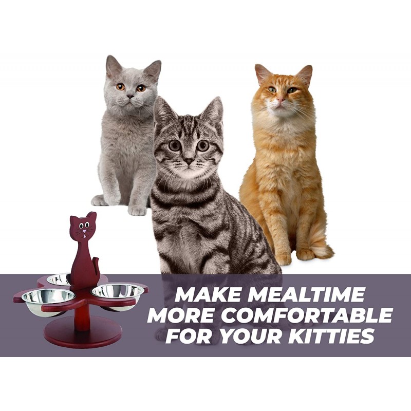 Etna Pet Store 높은 고양이 그릇 - 이 나무로 된 높은 애완동물 먹이는 더 나은 소화를 촉진하고 관절에 편합니다 - 음식과 물을 위한 3개의 탈착식 고양이 그릇이 있는 다중 고양이 먹이기 - 브라운