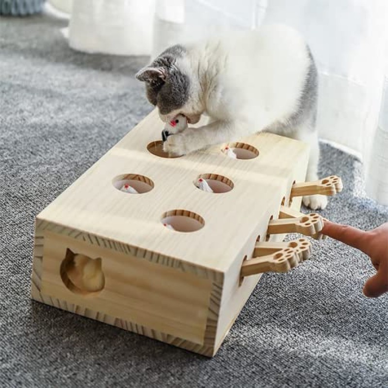 FOOPOMARY 고양이 장난감, 두더지 단단한 나무 상자 실내 고양이를위한 대화 형 고양이 장난감 새끼 고양이 강아지 강아지 애완 동물 퍼즐 놀이 재미있는 쥐 잡기 게임, 5 홀/나무