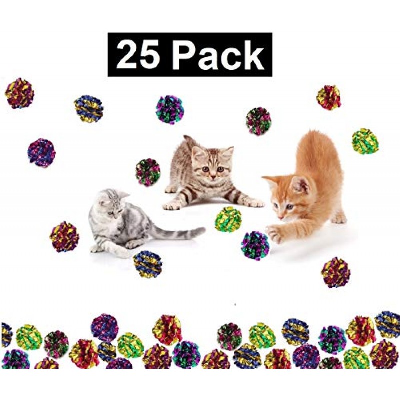 프레리 호스 서플라이 X 대형 프리미엄 마일라 크링클 볼(25팩)(직경 2.5인치) 대화형 오래 지속되는 경량 반짝이는 금속 고양이 새끼 고양이 장난감 다양한 색상