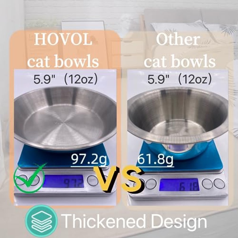 HOVOL(2개) 애완동물 수염 친화적인 스테인레스 스틸 높은 고양이 그릇, 음식과 물을 위한 넓은 접시, 5.9인치 넓은 고양이 먹이 접시, 12oz.