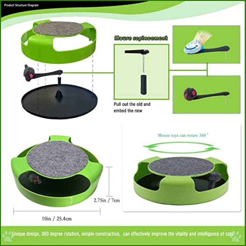 MSMUOEZ 고양이 장난감 달리는 쥐가 있는 실내 고양이 긁는 패드, 대화형 고양이 장난감 실내 고양이 마우스 이동 베스트 캐치 장난감 둥근 고양이 긁는 보드 둥근 고양이 장난감(녹색)