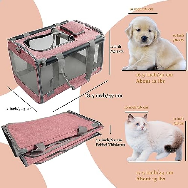 H.S.C PET 대형 고양이 캐리어 강아지용 소프트 양면 핑크 임시 개집 여행, 환기형 메쉬 창 5개, 가방 포함, 20파운드 강아지/23파운드 고양이 또는 새끼 고양이(대형, 분홍색)