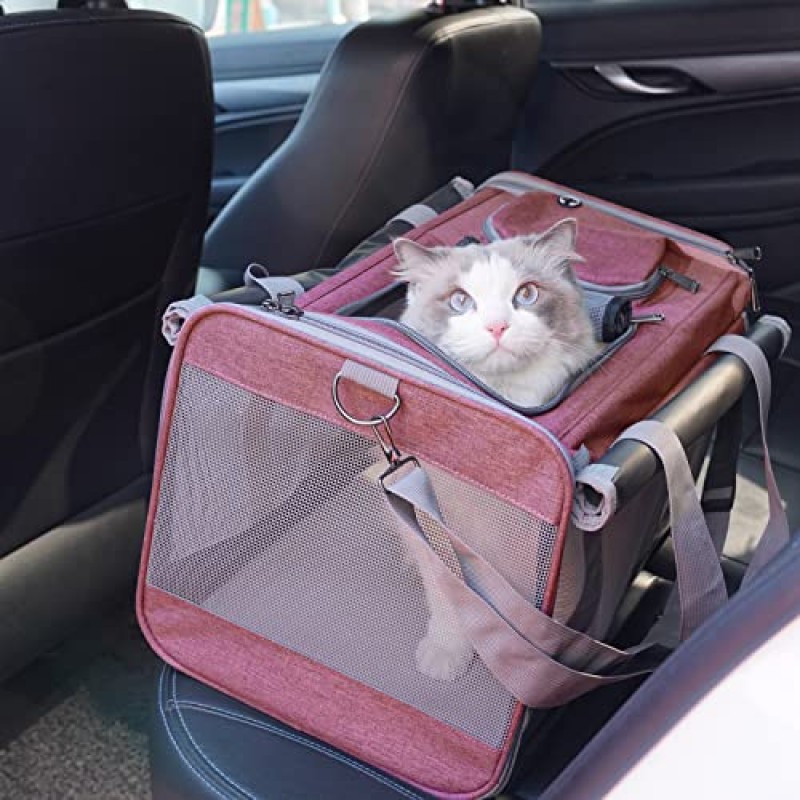 H.S.C PET 대형 고양이 캐리어 강아지용 소프트 양면 핑크 임시 개집 여행, 환기형 메쉬 창 5개, 가방 포함, 20파운드 강아지/23파운드 고양이 또는 새끼 고양이(대형, 분홍색)